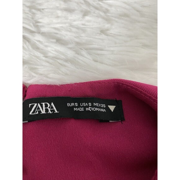Zara Mini Dress Women Size S Fuchsia Long Balloon Sleeves Tunic Tie Waist - Picture 6 of 15